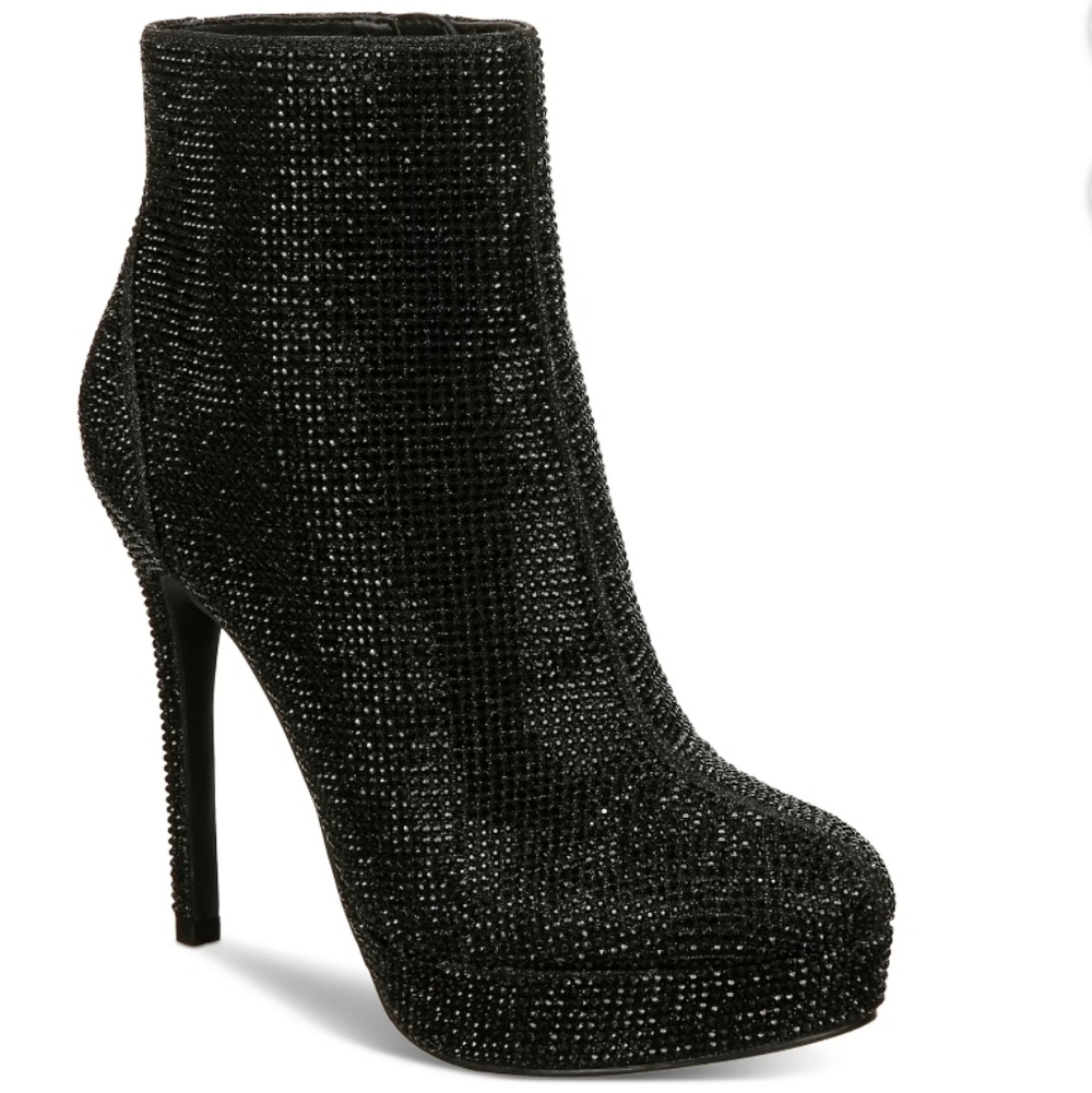 Thalia Sodi Women's Chiara Black Glitter Fabric Platform Booties, Size 10M